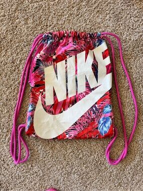 NIKE Pink Tropical Floral Drawstring Backpack with White Logo